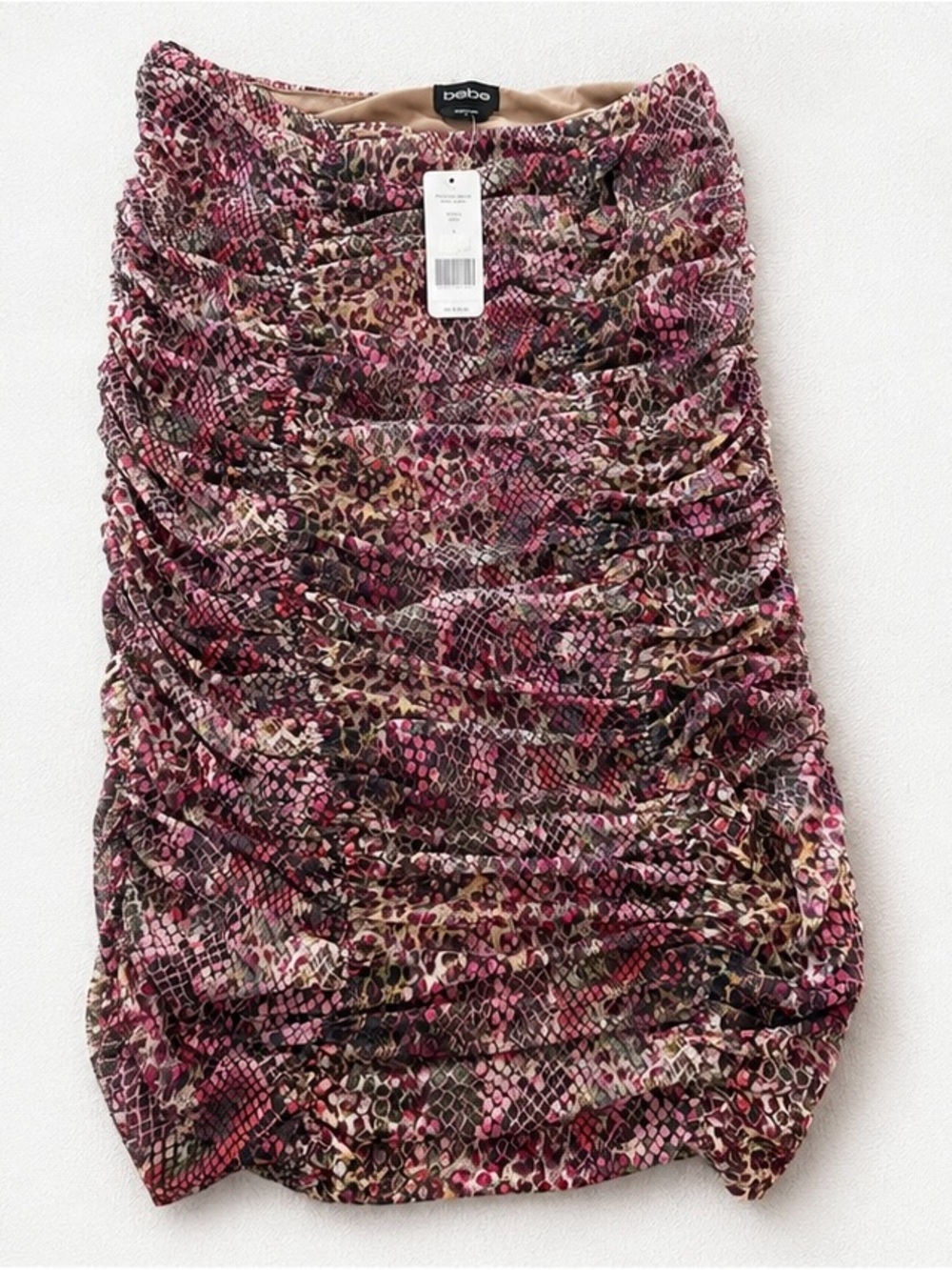 NWT Bebe Ruched Mesh Midi Skirt Pink Animal Print Bodycon Size Large